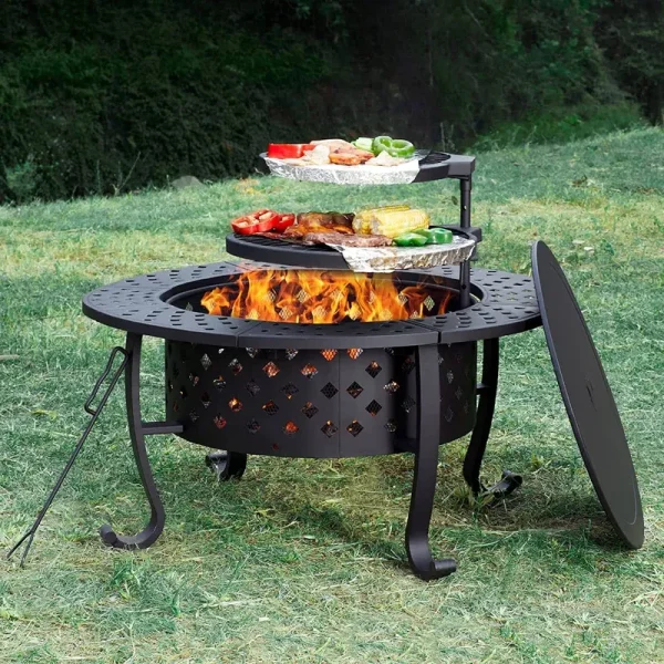 papababe 42 inch Outdoor Fire Pit with 2 Grill with Lid Poker, Large Heavy Duty Metal Round Table, Black