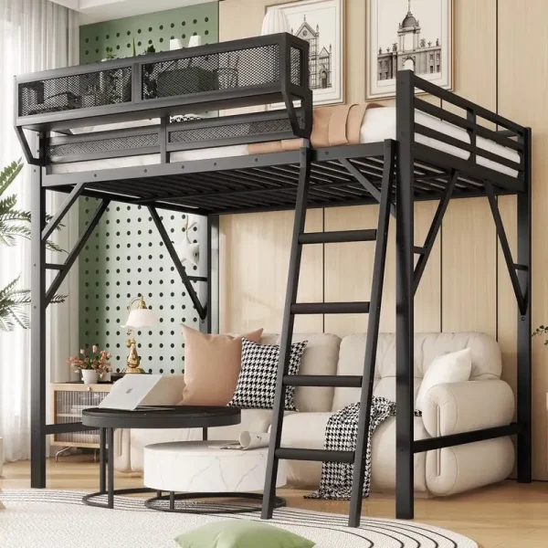 Duxelifin Queen Size Metal Loft Bed Frame, Heavy Duty Steel High Loft Bed with Storage Shelves & Ladder, Space - Saving Loft Bed for Apartments, Adults, Teens & Juniors (Black)