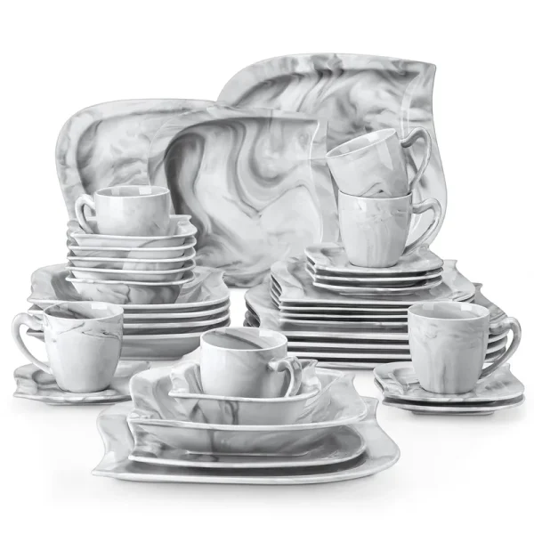 Vancasso 36 Pcs Dinnerware Sets, Plates and Bowls Set for 6, Porcelain Dinner Set, Marble Gray