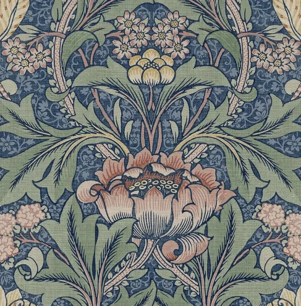 NextWall Morris Flower Peel and Stick Wallpaper - Denim Blue Salmon