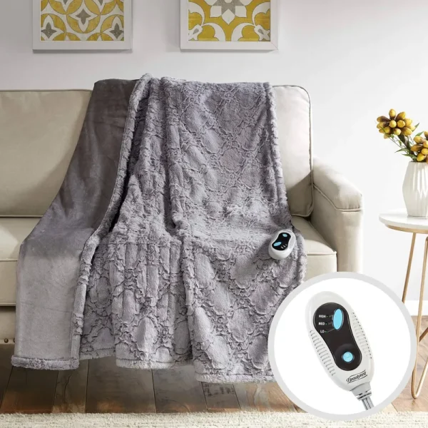 Beautyrest Bailey 50" x 60" Ogee Heated Long Fur Throw - Grey