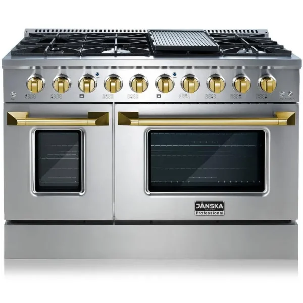 Professional 48 in. 6.7 Cu. ft. 8-Burners Double Oven Gas Range w/ Griddle in Stainless Steel with Gold Knobs and Handle