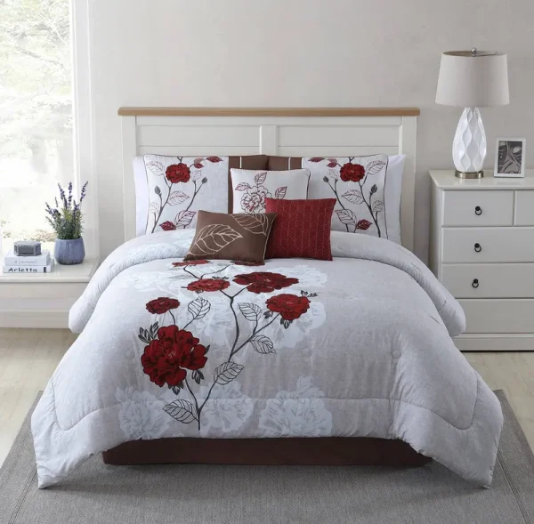 Mainstays 7 Piece Red Roses Comforter Set King Red