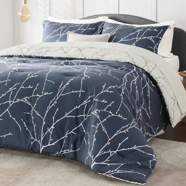 Bedsure Queen Comforter Sets - Bed in A Bag Queen 7 Pieces, Navy Blue Reversible Flroal Bed Set Tree Branch Pattern Printed with Comforters Queen Size