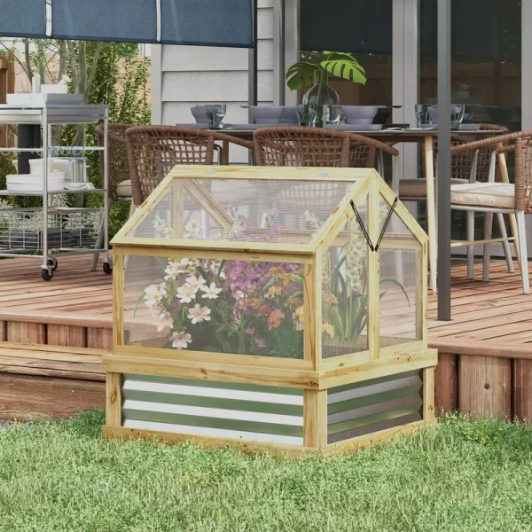 Outsunny Raised Garden Bed with Polycarbonate Greenhouse, Garden Wooden Cold Frame Greenhouse - Brown
