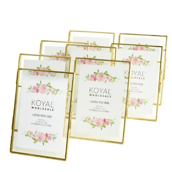 Koyal Wholesale Pressed Glass Floating Photo Frames 5 x 7 Frame Gold 8-Pack with Stands Use Horizontal or Vertical