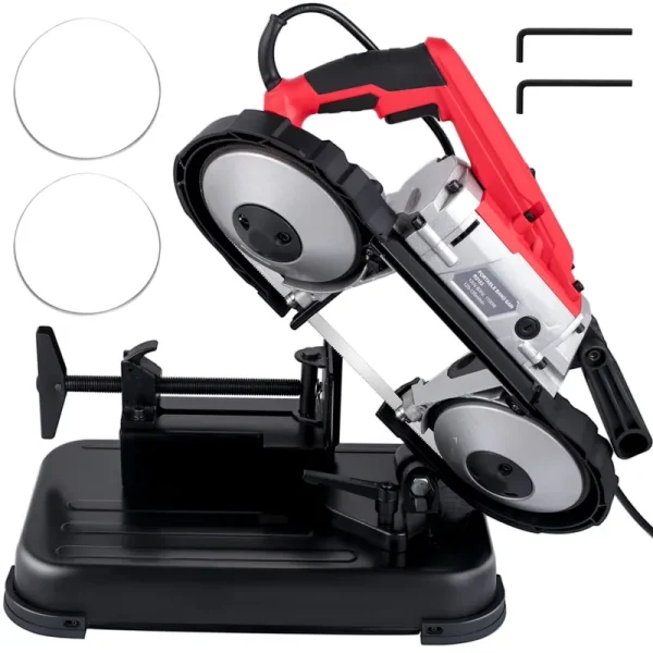 KFFKFF Portable Band Saw, 110V Removable Alloy Steel Base Rechargeable Band Saw, 5 in Cutting Capacity Handheld Band Saw, Variable Speed Portable Band Saw, 10 Amp Motor, Deep Cutting Band Saw for
