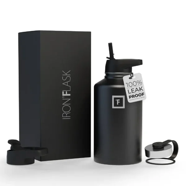 Iron Flask Wide Mouth Water Bottle with Straw Lid Black2 64 oz