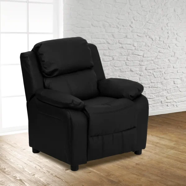 Flash Furniture Deluxe Padded Contemporary Black Leathersoft Kids Recliner with Storage Arms