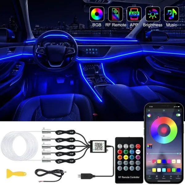 Jushope Interior Car LED Strip Lights with Wireless App and Remote Control, RGB 5 in 1 Ambient Lighting Kits with 236 Inches Fiber Optic, 16 Million