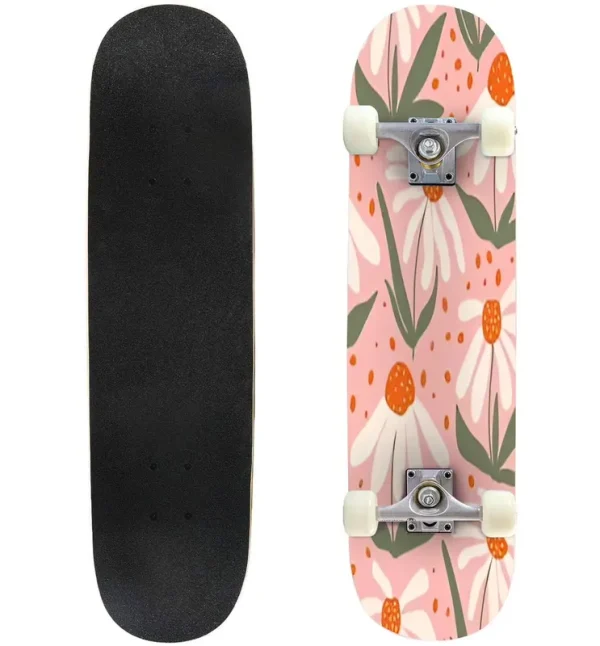 Skateboards for Beginners Doodle Seamless Pattern Hand Drawn White Daisies Pink Cute 31"x8" Maple Double Kick Concave Boards Complete Skateboards Outdoor for Adults Youths Kids Teens Gifts