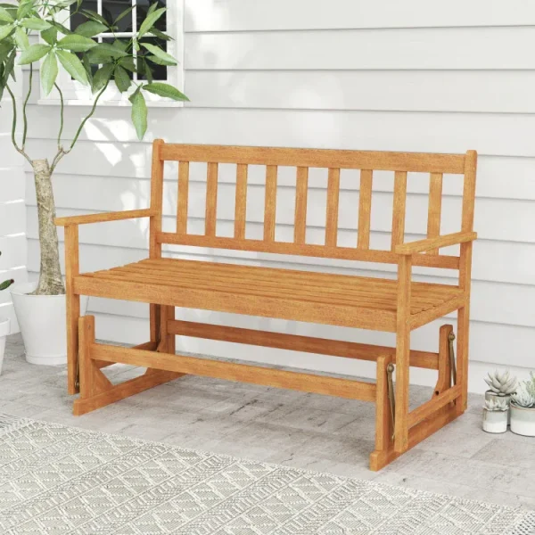 2-Person Patio Glider Bench, Solid Acacia Wood Porch Glider Chair with Slatted Backrest & Seat, Outdoor Glider Loveseat for Balcony Poolside Garden