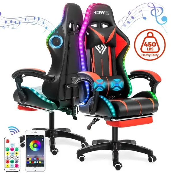 Gaming Chair with Bluetooth Speaker, Ergonomic Massage Racing Chair with RGB Lights, Footrest and Lumbar Support, High Back Office Chair, Heavy Duty Design Gaming Computer Chair