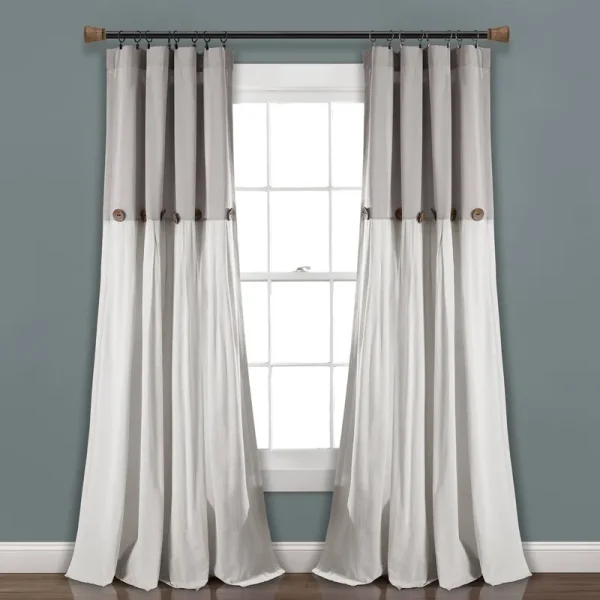 Lush Decor Linen Button Window Curtain Panel - 84", Single, Gray/White