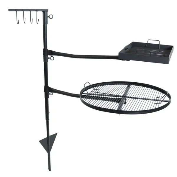 Outdoor Camping or Backyard Steel Adjustable Cooking Grilling Fire Pit BBQ Stake with 2 Swivel Swing Grates