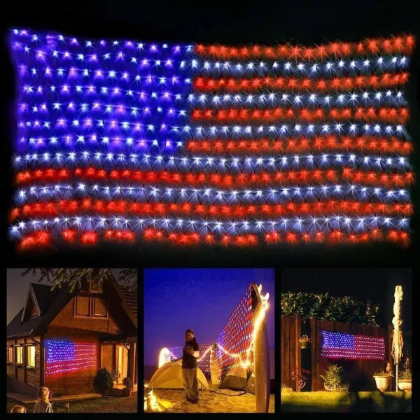 420 LED American Advanced Flag String Lights Waterproof LED Flag Net Light of The United States for Yard Garden Decoration Festival Holiday Party