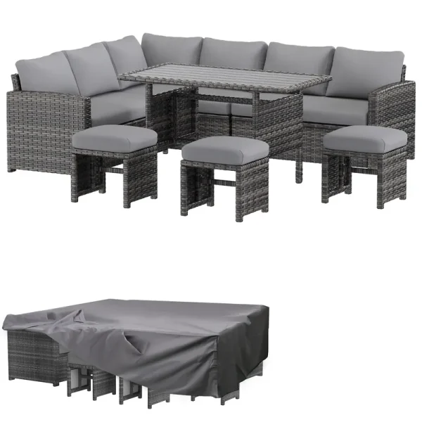 AECOJOY 7 Pieces Outdoor Wicker Rattan Dining Sofa Set with Waterproof Cover, Gray