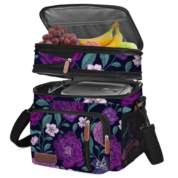 MIYCOO Lunch Bag for Women Men Double Deck Lunch Box - Leakproof Insulated Soft Large Lunch Cooler Bag, (Purple Flower,15L)