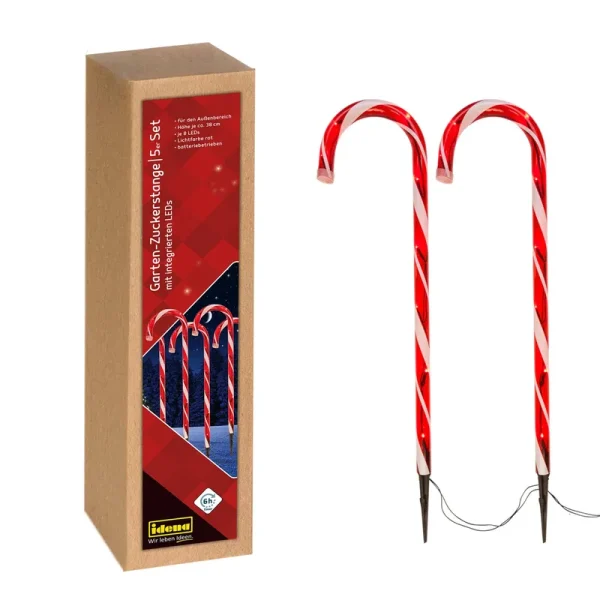 Idena 31348 LED Candy Canes with 40 LEDs in Red/White, 5 Light Sticks for The Garden, with Timer Function, Battery Operated, Includes Ground Spike,