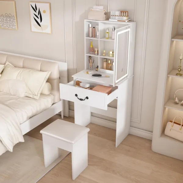 Montary Modern Mini Vanity W/Adjustable LED Mirror + Hidden Storage, Padded Stool & Dustproof Shelves (White)