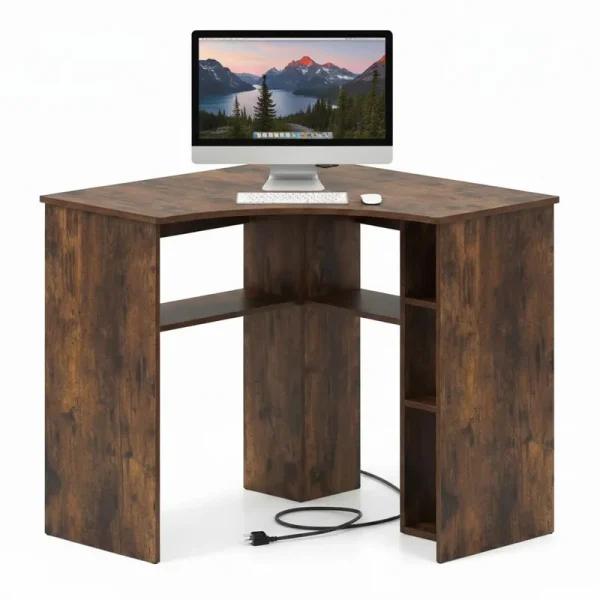Tangkula 90-Degree Triangle Corner Desk with Charging Station & Open Storage Shelves