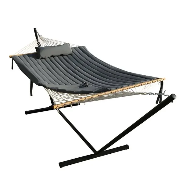 12 ft. Quilted 2-Person Hammock Bed with Stand and Detachable Pillow in Dark Gray