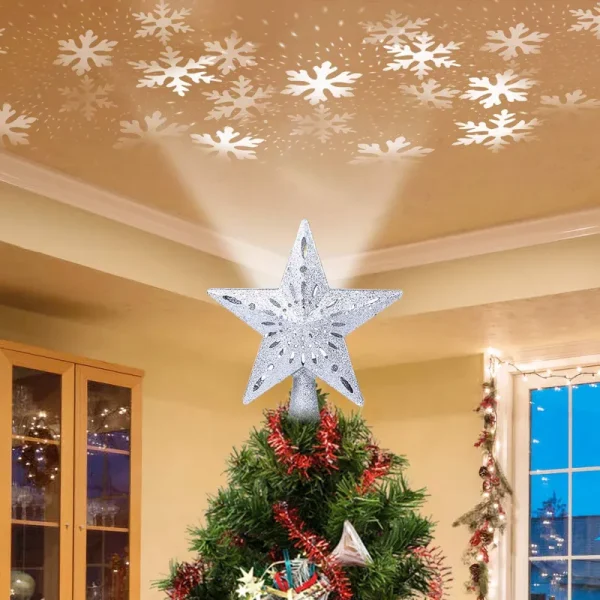 DG-Direct Christmas Tree Topper Lighted Star [Silver],3D Hollow Sparkling Star Christmas Tree Topper with Rotating Magic Cool White Snowflake