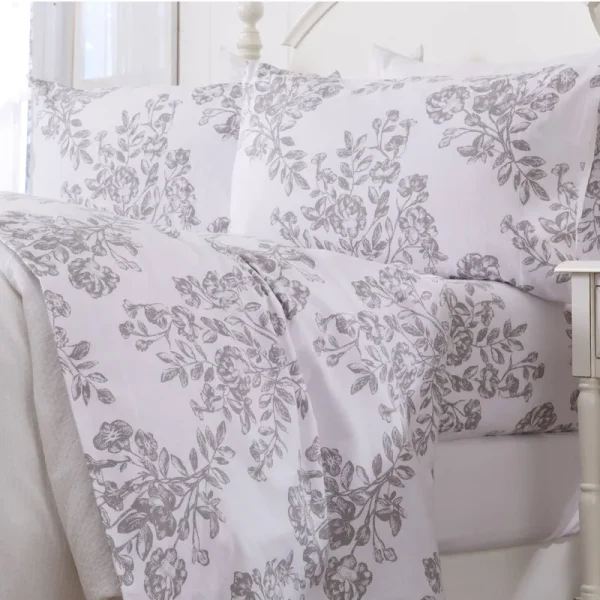 Great Bay Home Cotton Printed Flannel Sheet Set (Queen, Toile - Grey)
