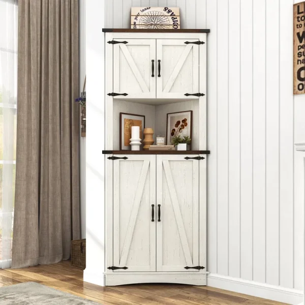 Blotout 68" Tall Farmhouse Corner Cabinet with 4 Doors, 28.3" W Barn Door Storage Cabinet with Adjustable Shelves, 5 Tier Corner Storage Cabinet for Bathroom, Living Room, Kitchen