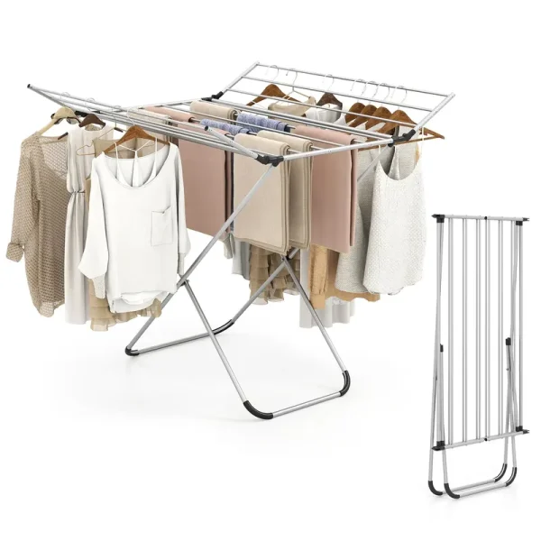 Tangkula Folding Aluminum Clothes Drying Rack with 2 Side Wings