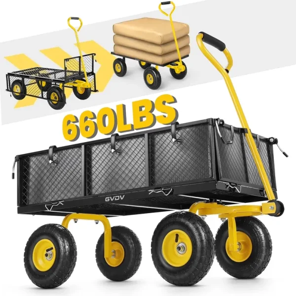 GVDV Heavy Duty Steel Garden Cart with Liner, 660 lb Capacity, 3 cu ft, 10" All - Terrain Wheels, Black/Yellow - Durable Utility Cart for Yard Work, Hauling, and Outdoor Use
