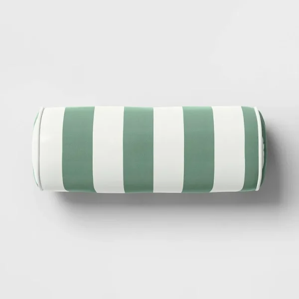 20"X8" Striped Cylinder Outdoor Bolster Pillow with Contrast Piping Green - Threshold Designed with Studio McGee