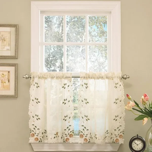 Sweet Home Collection Old World Style Floral Embroidered Semi-Sheer Tier Curtain (Set of 2)
