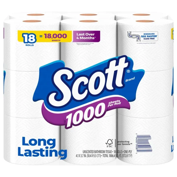 Scott Bathroom Tissue, Unscented, One-Ply - 18 rolls