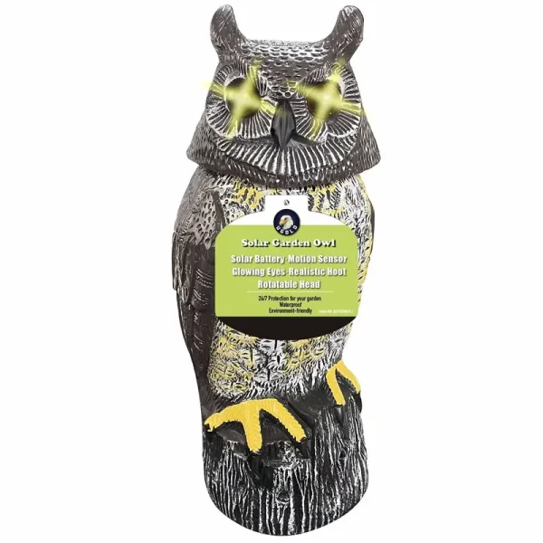 Ugold Solar Powered Owl with Detection, Silent Mode, Flashing Eyes, Rotatable Head and Realistic Hoots, Plastic Owl Decoration F