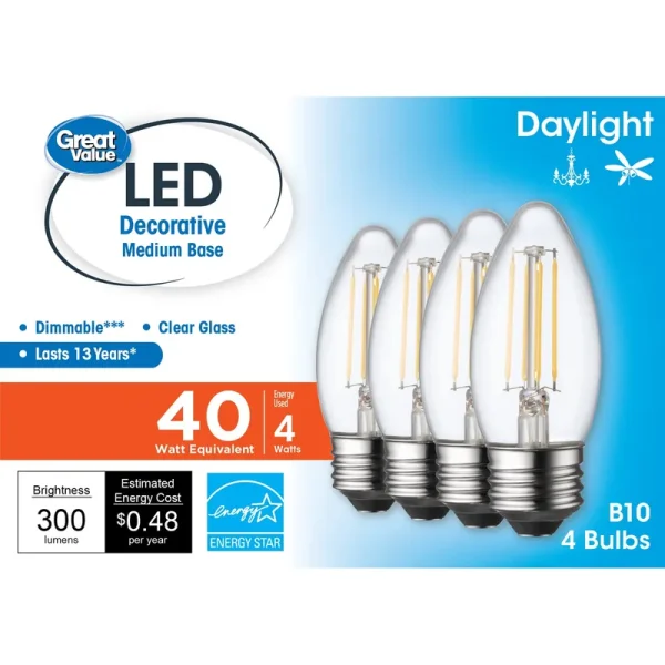 Great Value LED Light Bulb, 4 Watts (40w Equivalent) B10 Deco Lamp E26 Medium Base, Dimmable, Daylight, 4-Pack