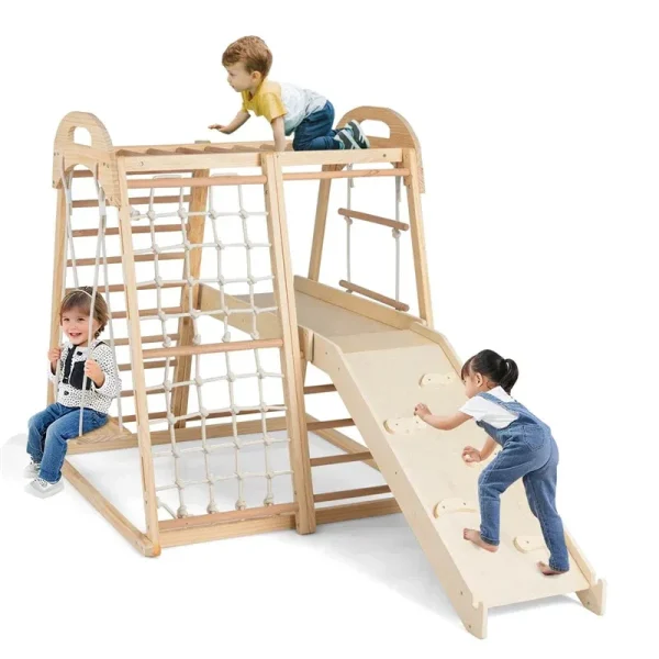 8-in-1 Wooden Indoor Jungle Gym Montessori Playground Climber Playset w/ Double-Sided Slide, Swing, Monkey Bar, Rope Ladder for Kids Ages 3-8