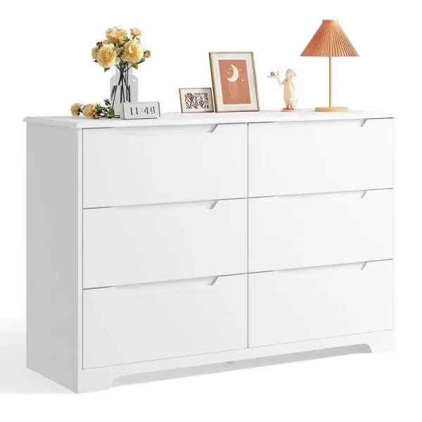 Dresser for Bedroom, Lofka 6 Drawer Double Dresser with Cutout Handles, Large Storage Capacity, Anti - Tip Safety, Modern Wood Chest of Drawers, Smooth Metal Rail, White
