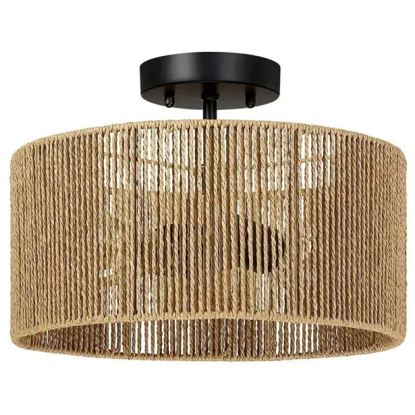 Bohe 14 in. 2-Light Woven Rope Drum Semi-Flush Mount Ceiling Light