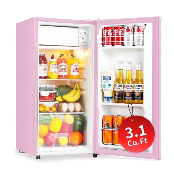 Kcpolre 3.1 Cu.ft Mini Fridge with Freezer, Adjustable Thermostat, Removable Glass Shelves & Fruit Basket for Dorm Room, Office, Bedroom, Pink