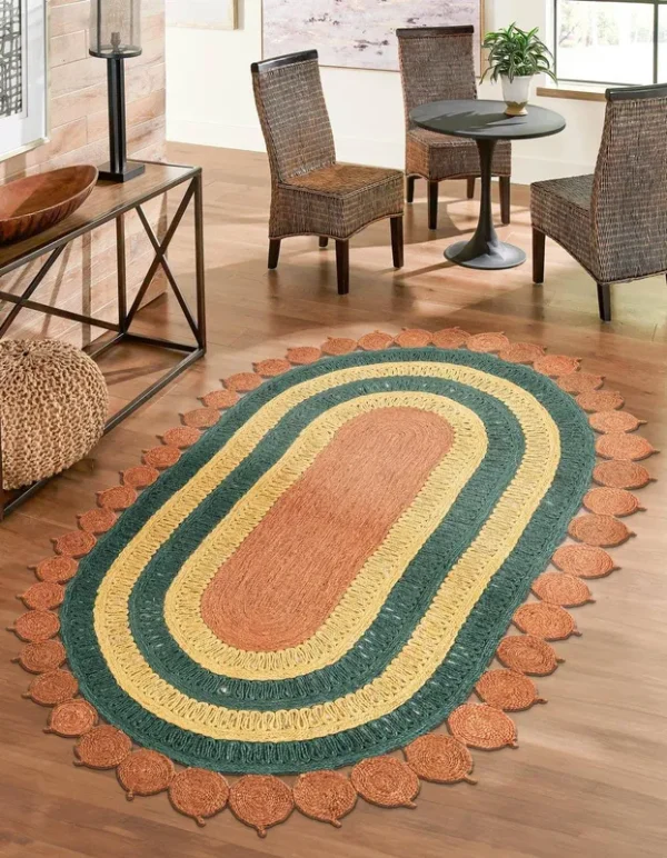 Hand Braided Jute 3x5 Oval Orange Green Yellow Abstract Area Rug