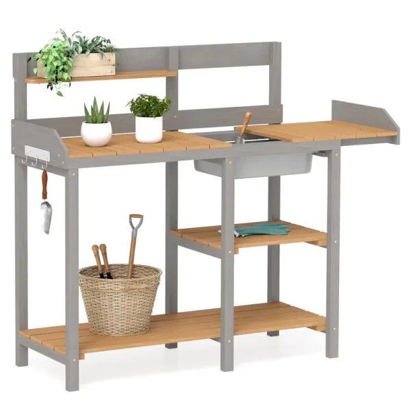 Wooden Potting Bench Table with Sink, Outdoor Garden Table Work Bench with Shelf, Workstation for Outside Patio Lawn