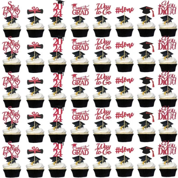 Graduation Cupcake Toppers 2024 Red, Glitter Class of 2024 Cupcake Toppers Supplies, Class of 2024 Congrats Grad Cap Diploma Cupcake Picks for Graduat