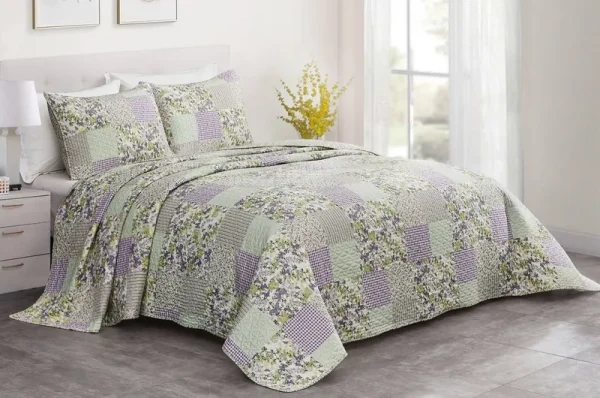 Chezmoi Collection Daisy 3-Piece Printed Patchwork Quilt Set - Purple Butterfly Botanical Candy Stripe Checkered Coverlet - Pre-Washed Microfiber
