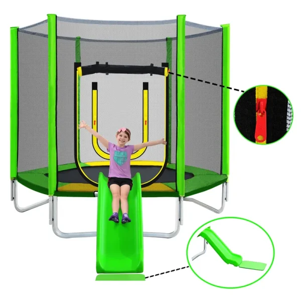 7ft Trampoline for Kids, Trampoline with Safety Enclosure Net, Outdoor Trampoline with Slide & Ladder and Soft Pad, 220 lb Capacity, Easy Assembly, Indoor Use, Green