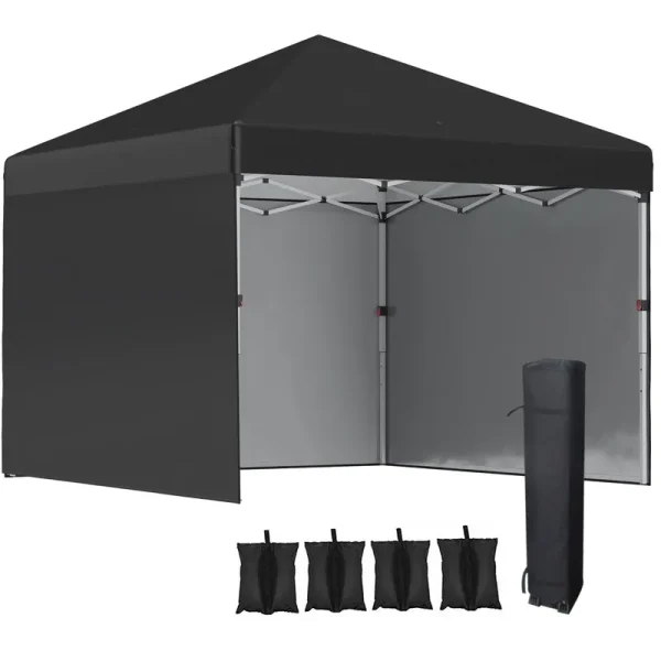 Outsunny 10' x 10' Pop Up Canopy with 3 Sidewalls, Leg Weight Bags and Carry Bag, Height Adjustable Party Tent - Black