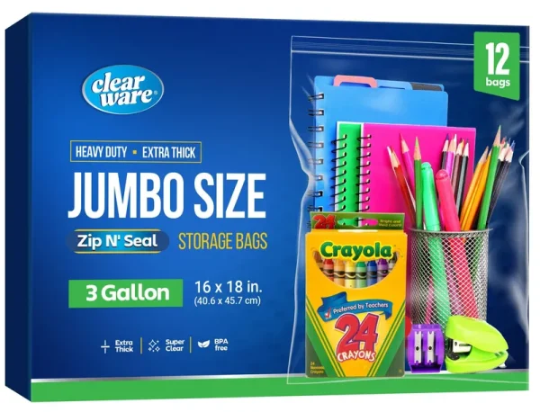 Clearware 12 Large Plastic Bags with Zipper Top - 3 Gallon Bags 16" x 18", Extra Large Storage Bags for Clothes, Travel, Moving, Large Reusable