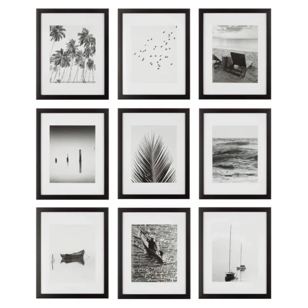 Instapoints 9 Piece Gallery Wall 11" x 14" Picture Frame Set with Decorative Art Prints & Hanging Template