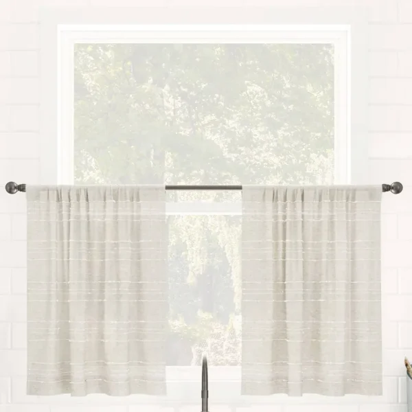 Clean Window Textured Slub Stripe Anti-Dust Linen Blend Sheer Cafe Curtain Pair - 52" x 36"