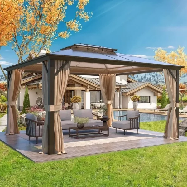 Outdoor Double Roof Permanent Hardtop Gazebo Pergola with Prime Netting and Curtains - 12' x 14'